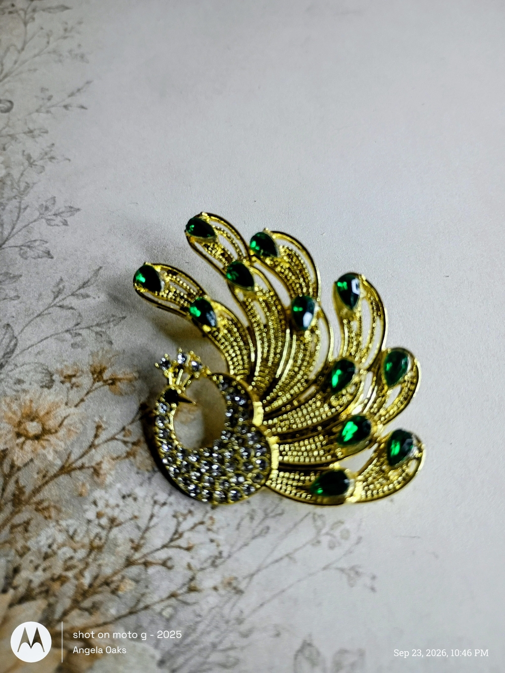 Gold Peacock Brooch with Green Crystal Accents - Women's Jewelry